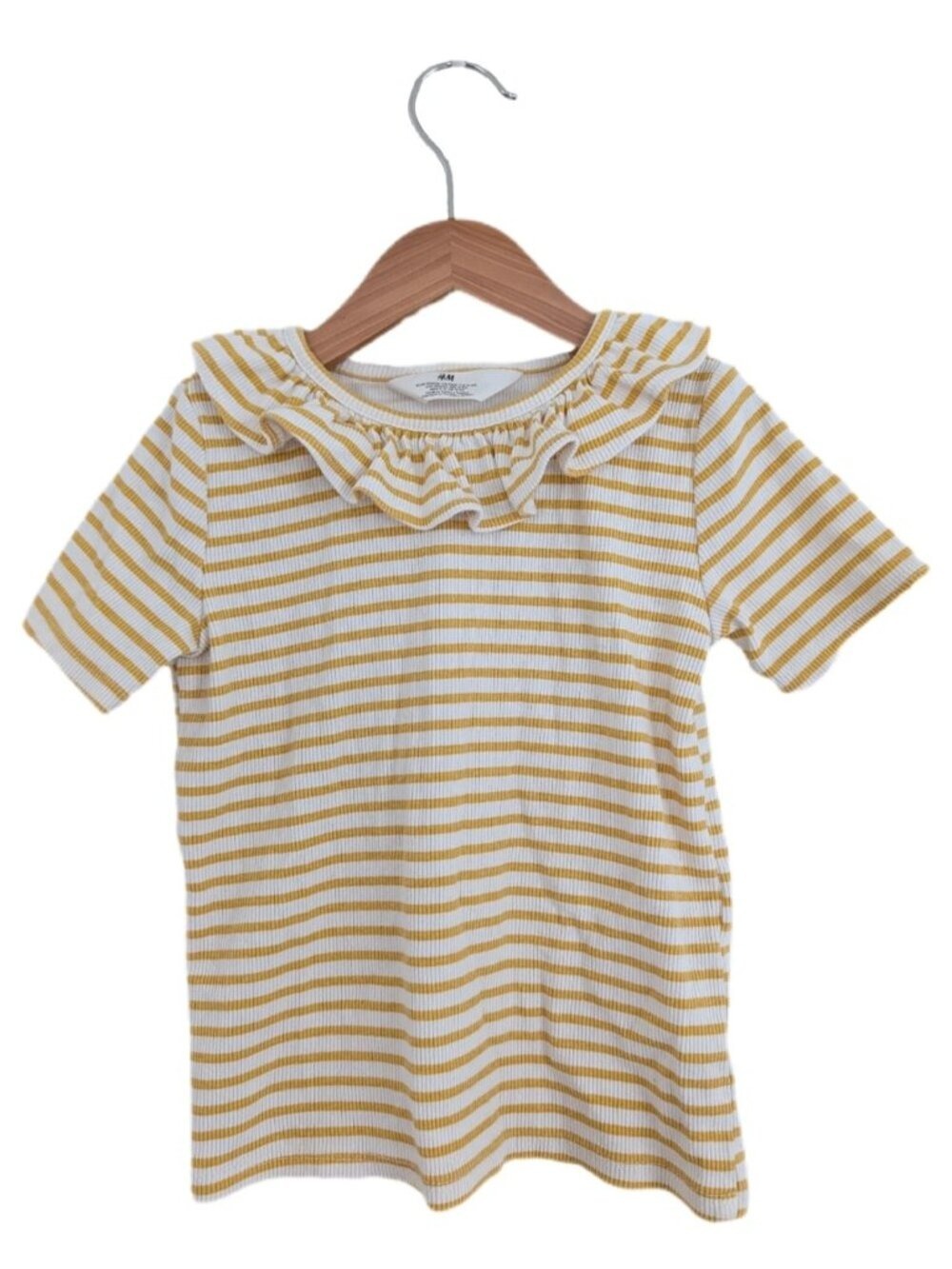 🩵 4/$20 H&M‎ Ribbed Yellow Cream Striped Ruffle Tee 5T | Girls Ribbed Shirt